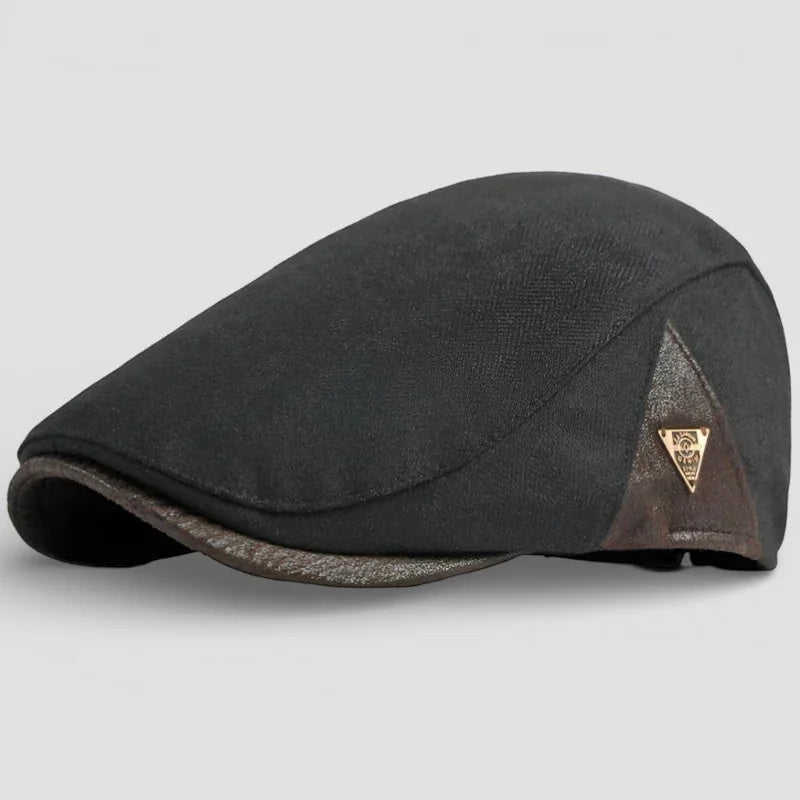 Black leather-trim flat beret cap with gold logo, from Leather Beret Caps