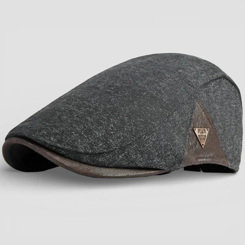 Dark gray tweed flat cap with brown leather brim and logo patch for Leather Beret Caps