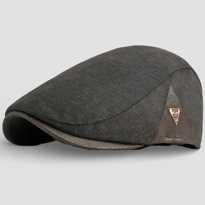 Dark gray woolen flat cap with brown leather brim in Leather Beret Caps