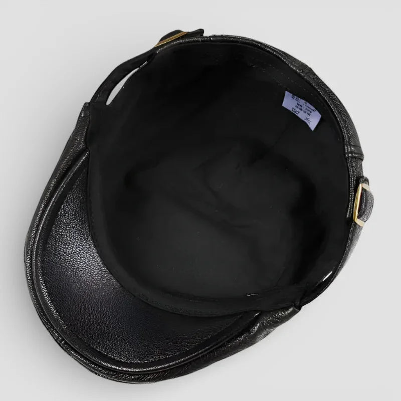 Leather Beret Men black leather cap with textured surface and gold buckles