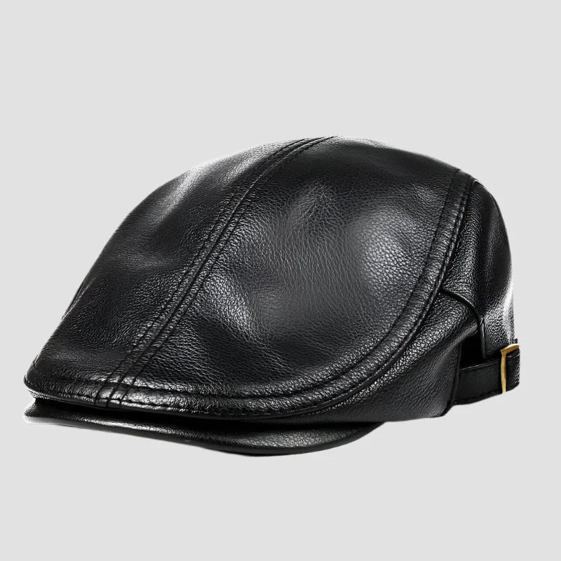 Black leather flat cap.
