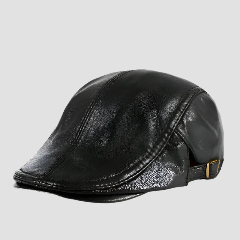 Black leather flat cap.