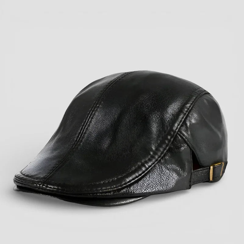 Black leather flat cap for men with sleek structured design and subtle stitching