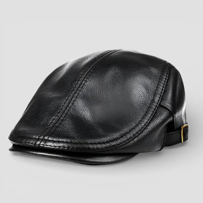Leather beret for men: black flat cap with pebbled texture, stitched seams