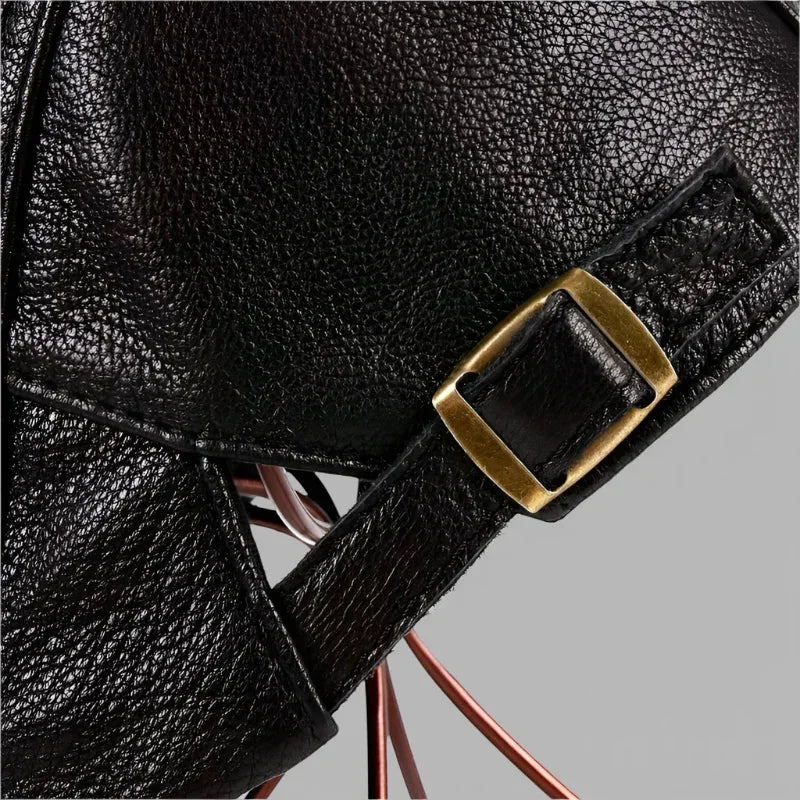 Black textured leather backpack with brass-toned buckle for Leather Beret Men