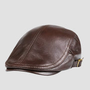 Brown leather flat cap.