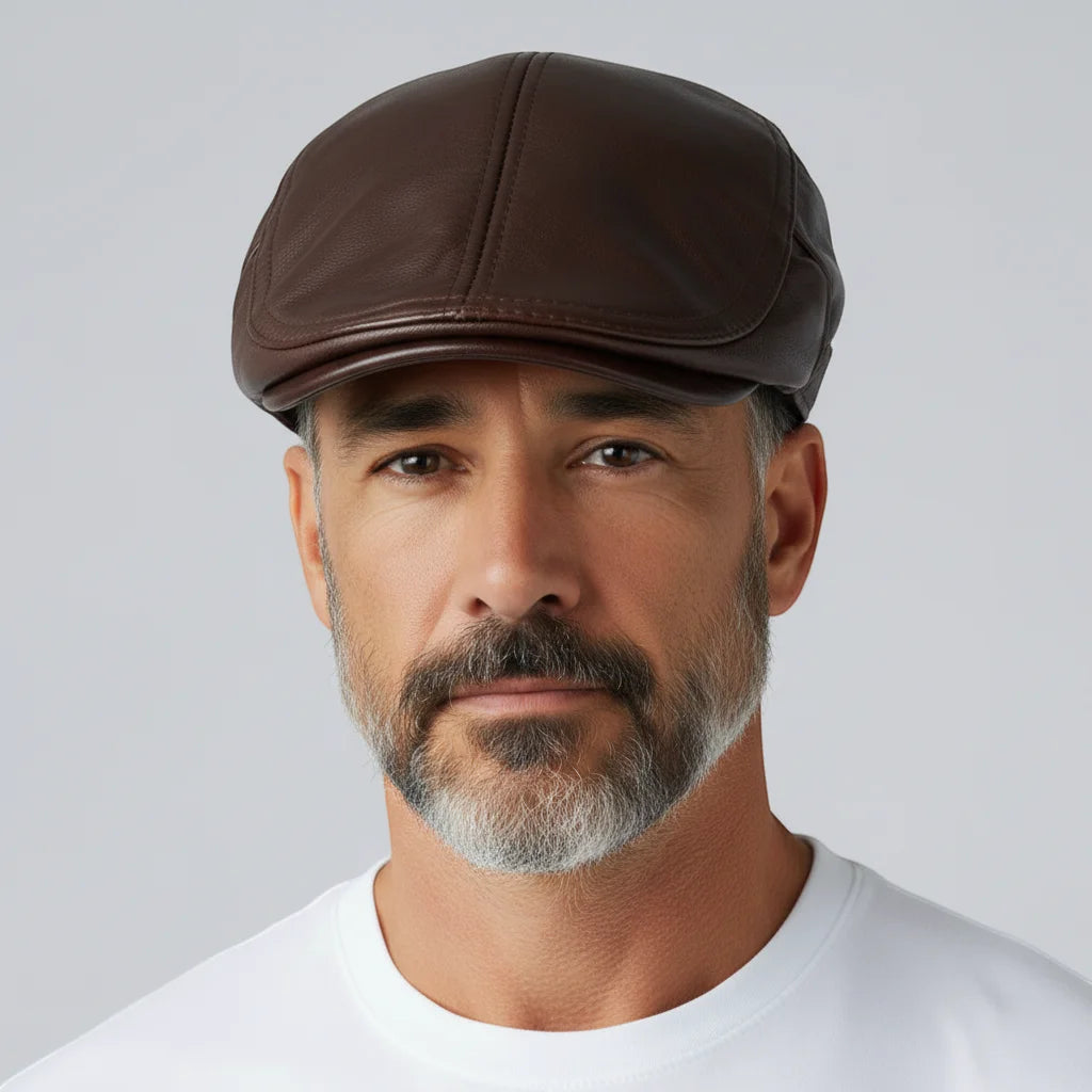 Brown leather flat cap with six-panel design and stitched seams for men