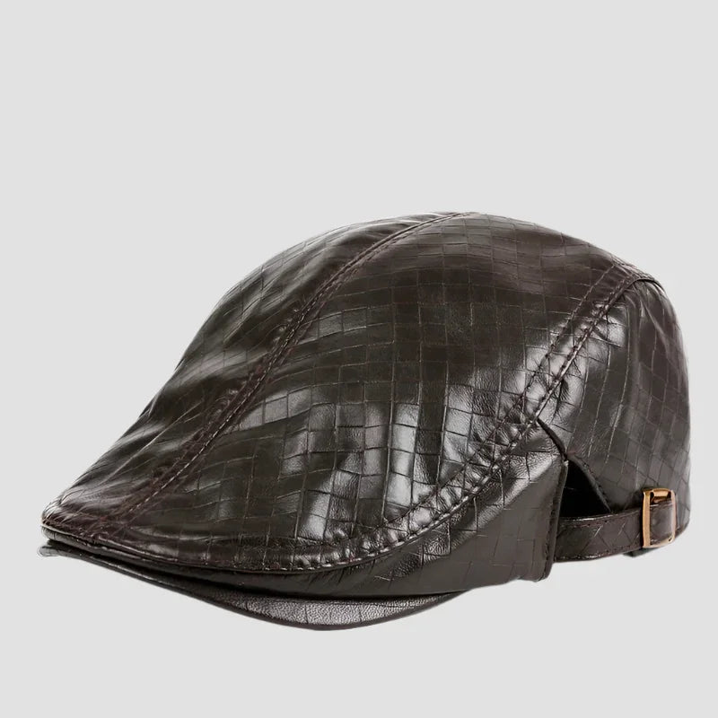 Brown leather newsboy cap.