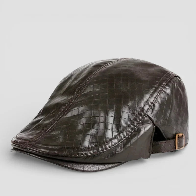 Leather beret for men: dark brown cap with woven texture and adjustable strap