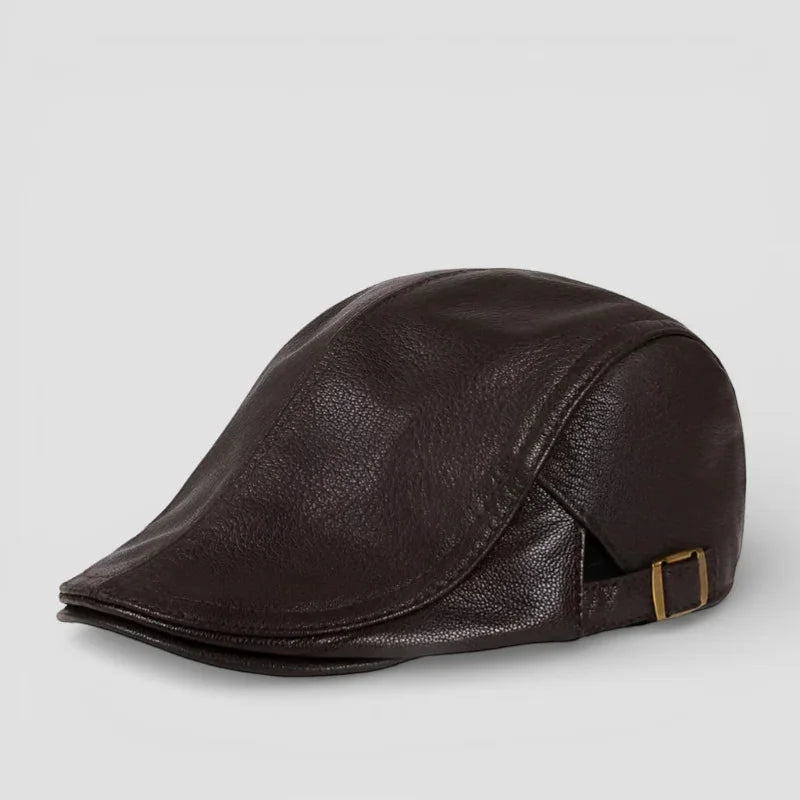 Dark brown leather flat cap with gold buckle for Leather Beret Men