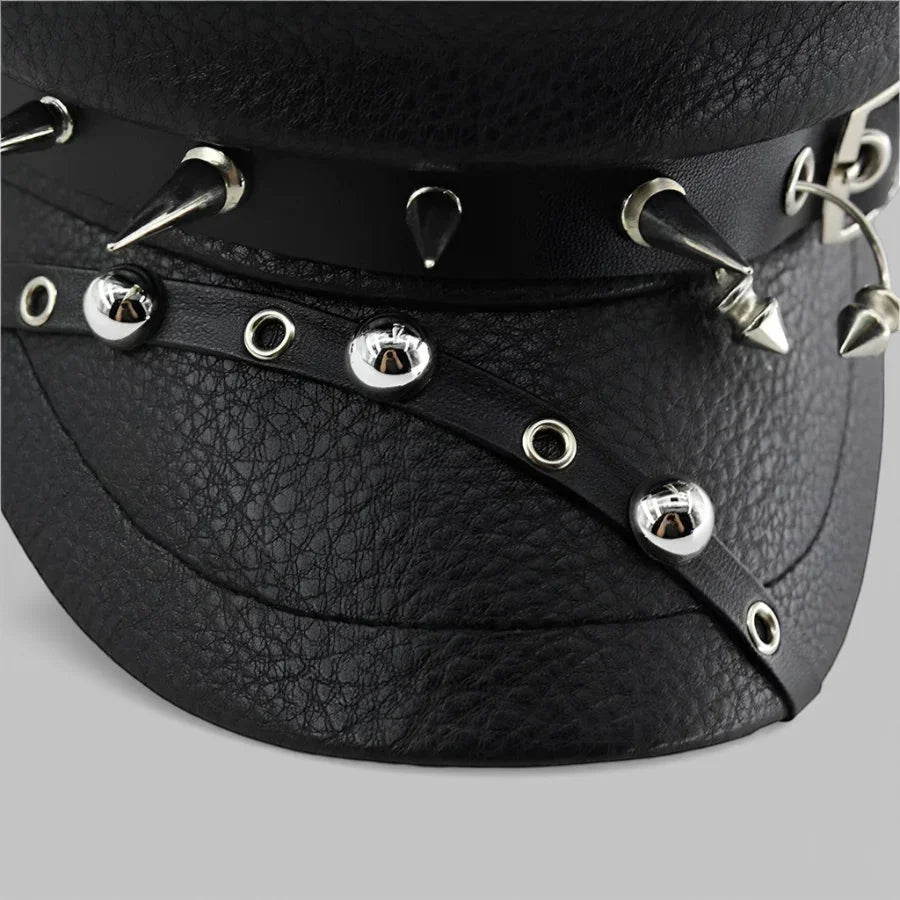 Black leather biker beret with silver spikes and studs