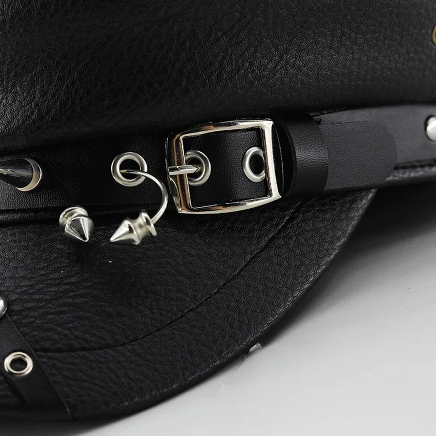 Black leather cap with silver accents.