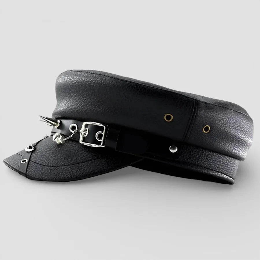 Black leather biker beret cap with silver buckle and spiked detail