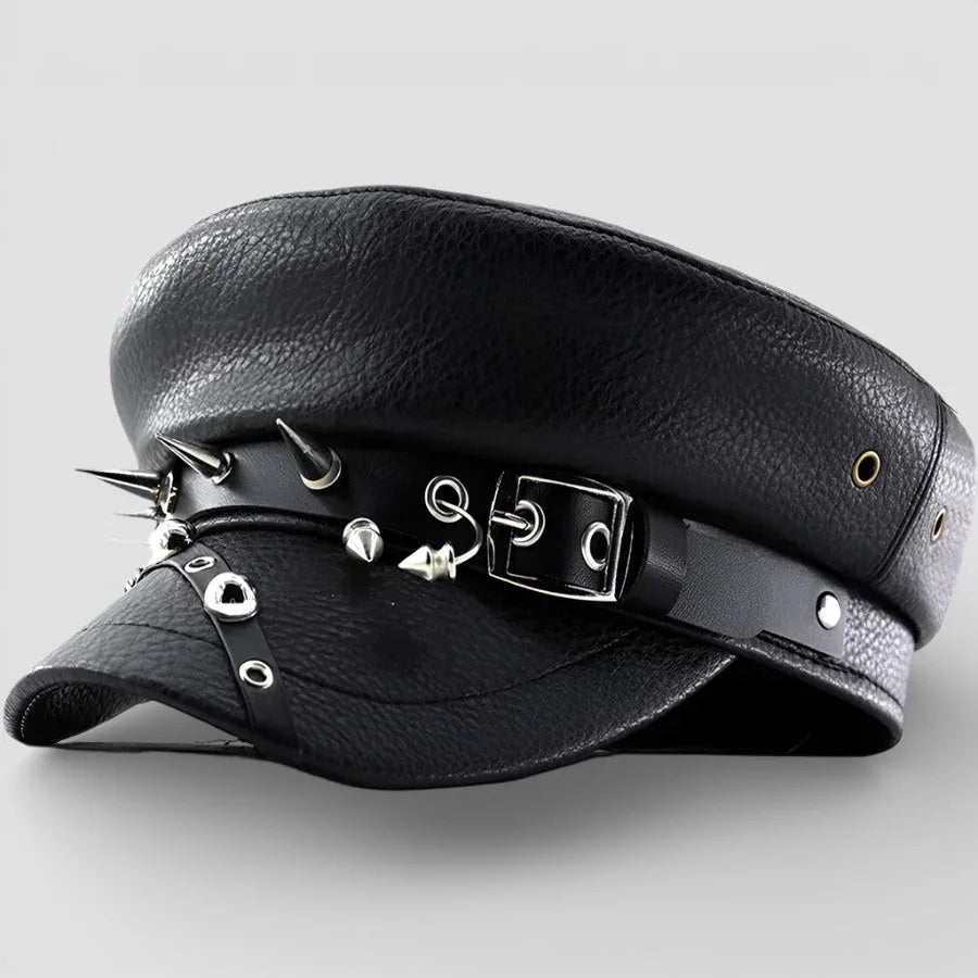 Black leather biker beret cap with silver spikes and buckle