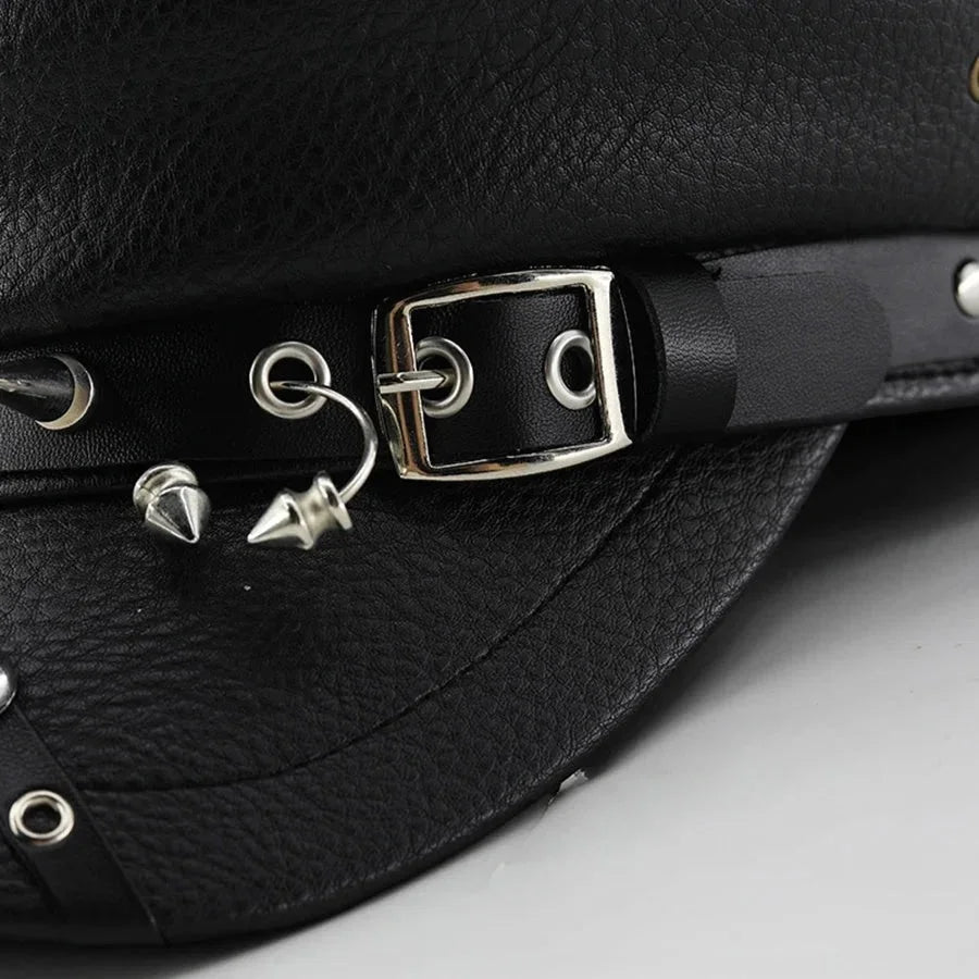 Leather biker beret with black leather, silver buckle, spiked accents