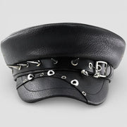Black leather biker beret with silver spikes and buckle