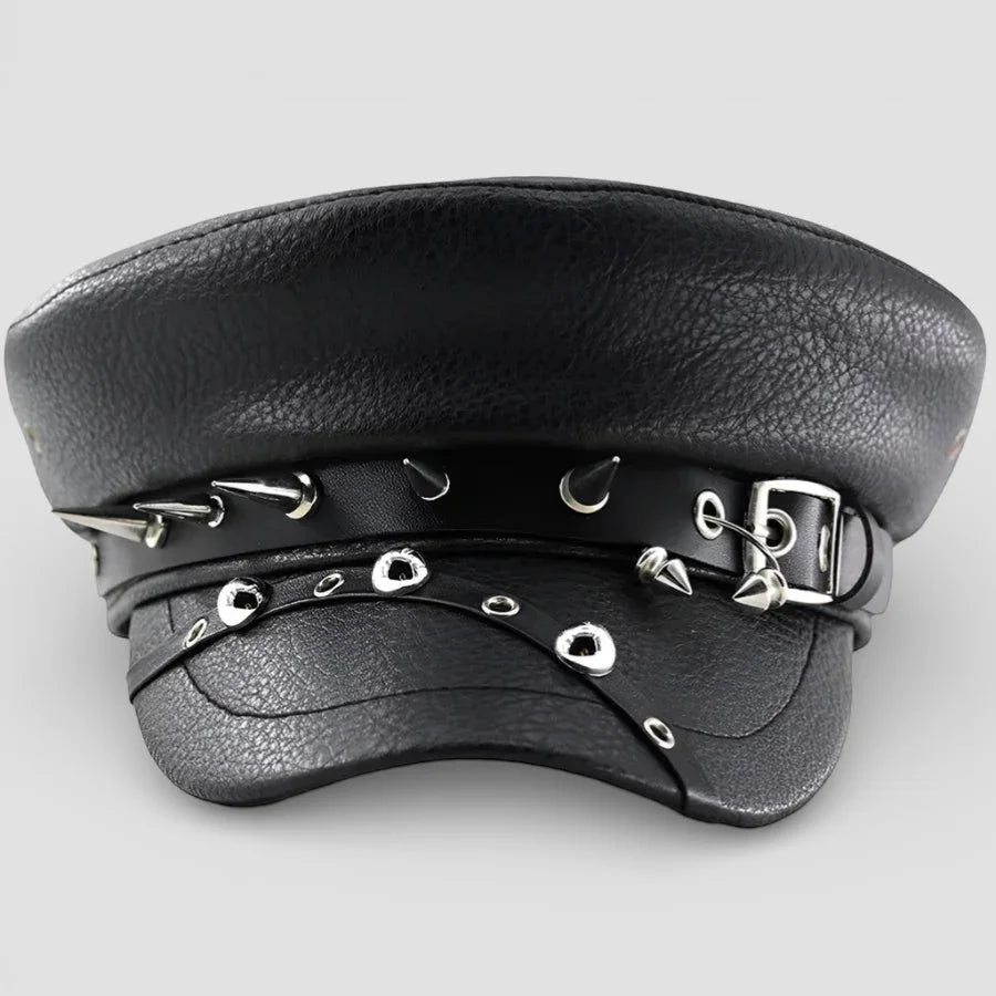 Black leather biker beret with silver spikes and buckle