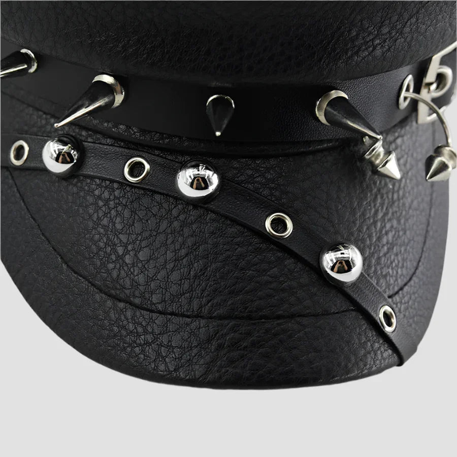 Black spiked leather hat.