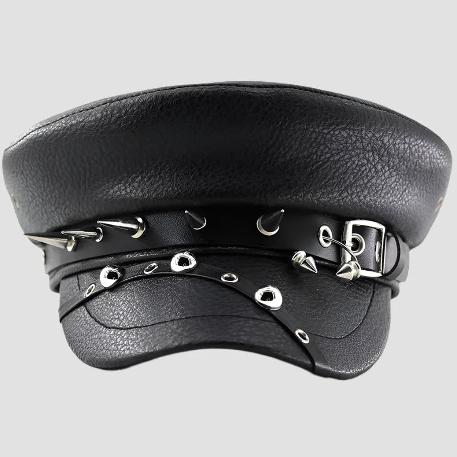 Black studded leather cap.