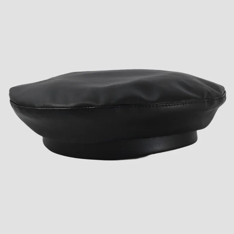 Black faux leather beret.