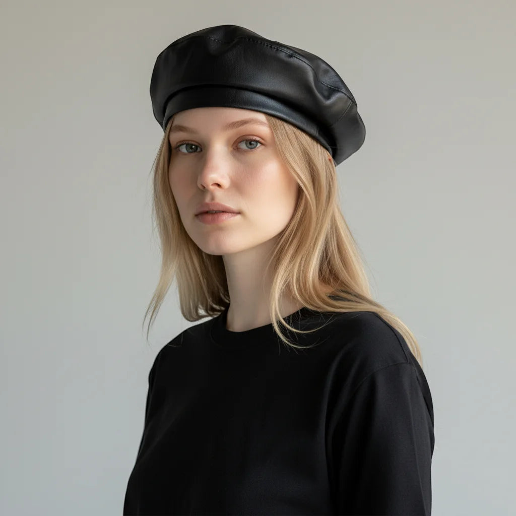 Black leather look beret with glossy finish and subtle stitching