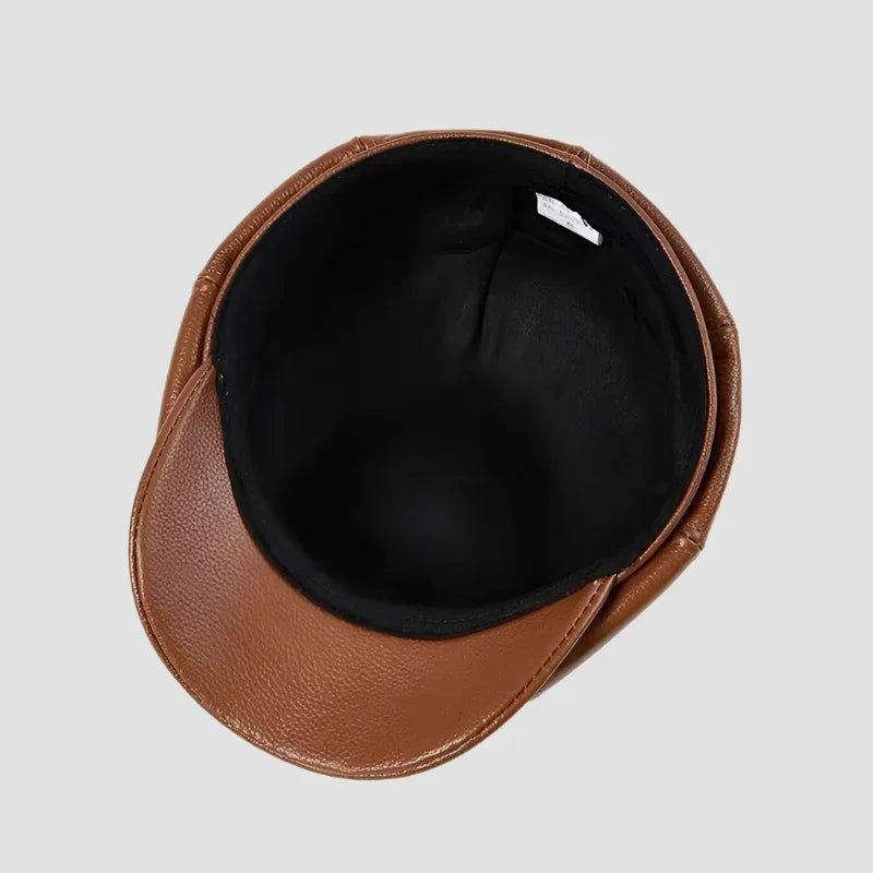 Brown leather newsboy cap.