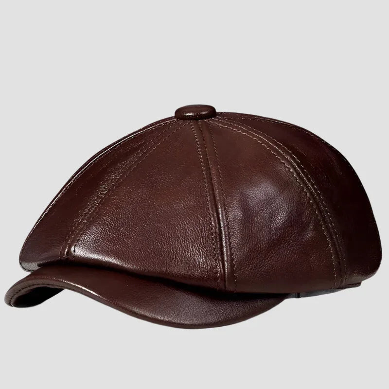 Brown leather newsboy cap.