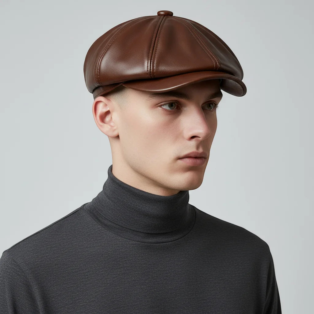 Brown leather newsboy hat with structured eight-panel design and stitched seams