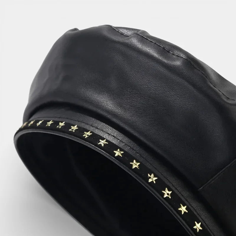 Black leather trim beret with gold star studs on brim