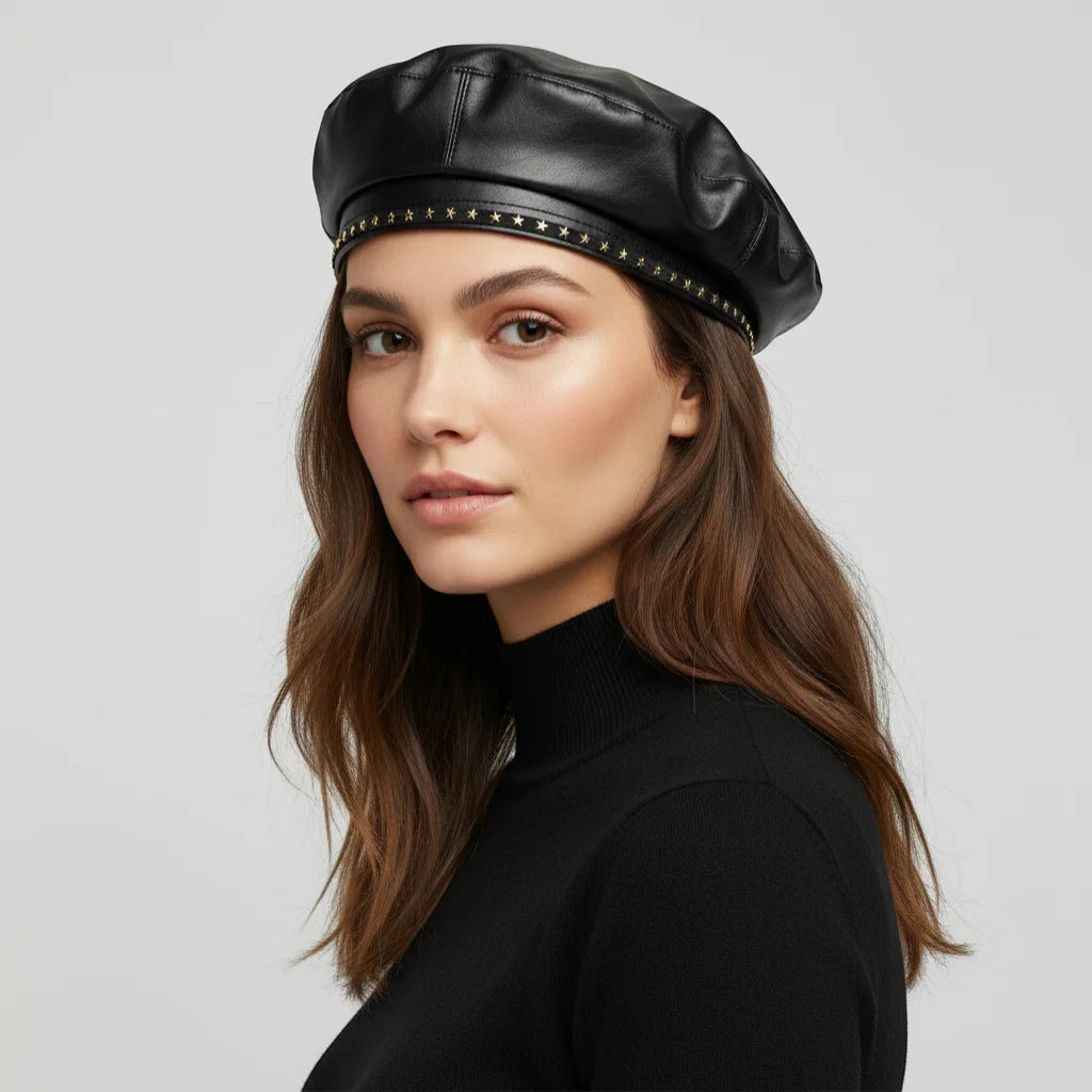 Black leather beret with gold star stud band, Leather Trim Beret
