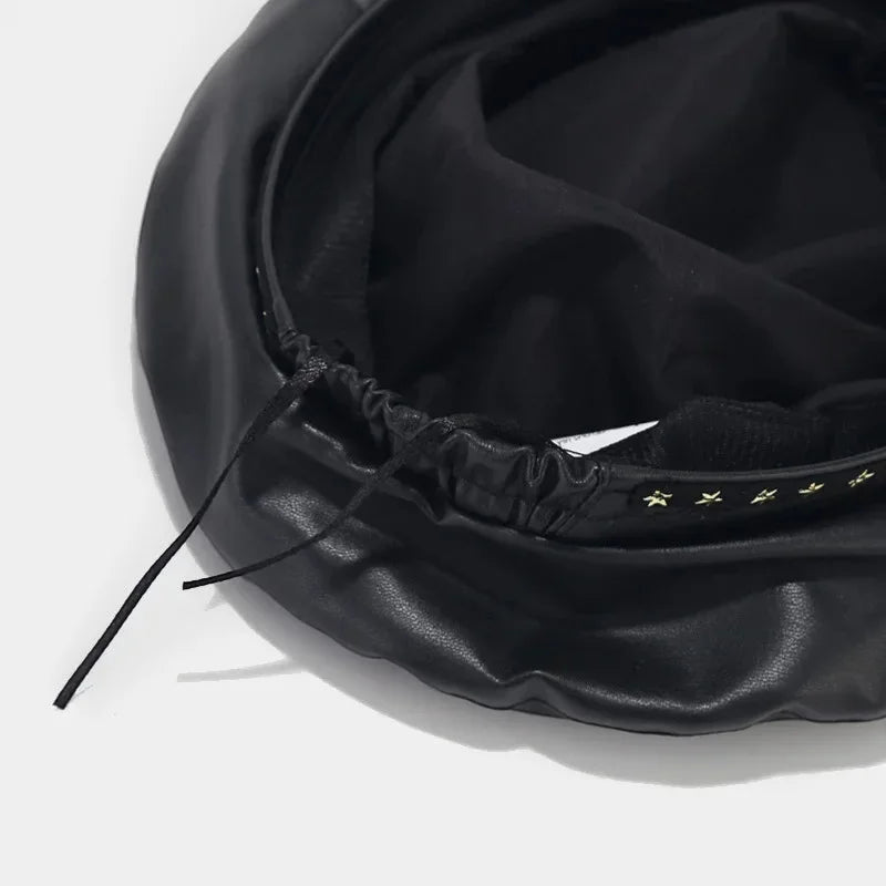 Black faux leather Leather Trim Beret with gold star embroidery