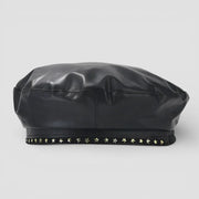 Black glossy faux leather Leather Trim Beret with silver star studs on brim