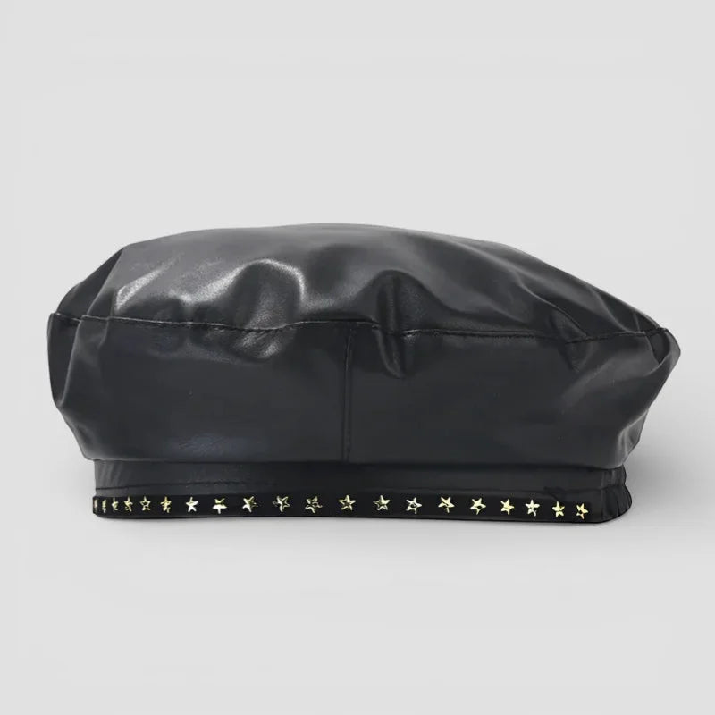 Black glossy faux leather Leather Trim Beret with silver star studs on brim