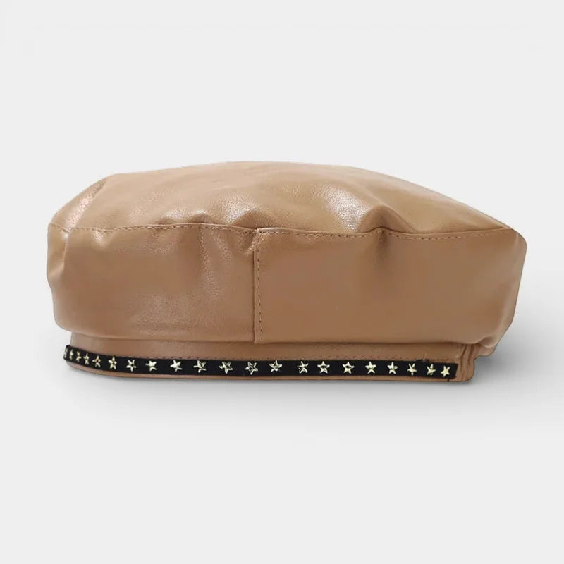 Tan faux leather beret with black star-studded trim, Leather Trim Beret
