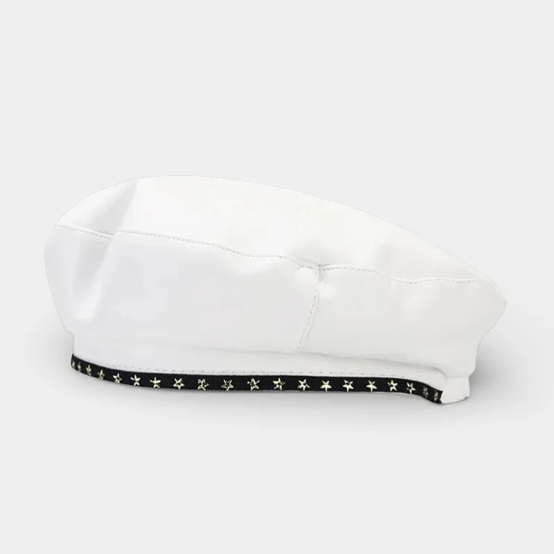 Leather trim beret with white beret and black star-patterned trim