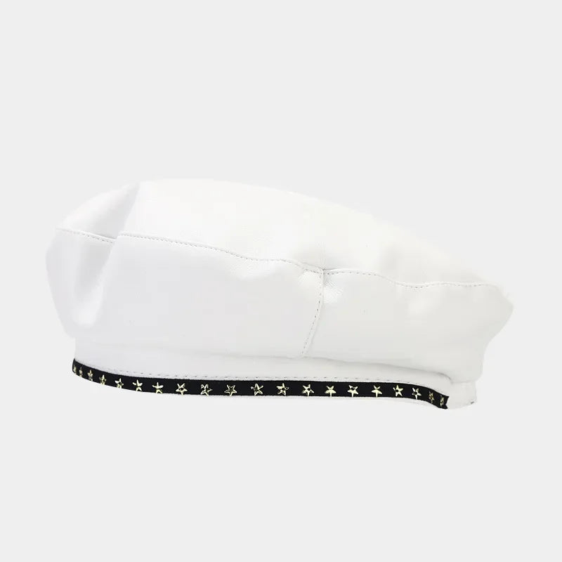 White beret with star-patterned band.