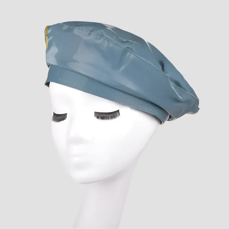 Blue patent leather beret.