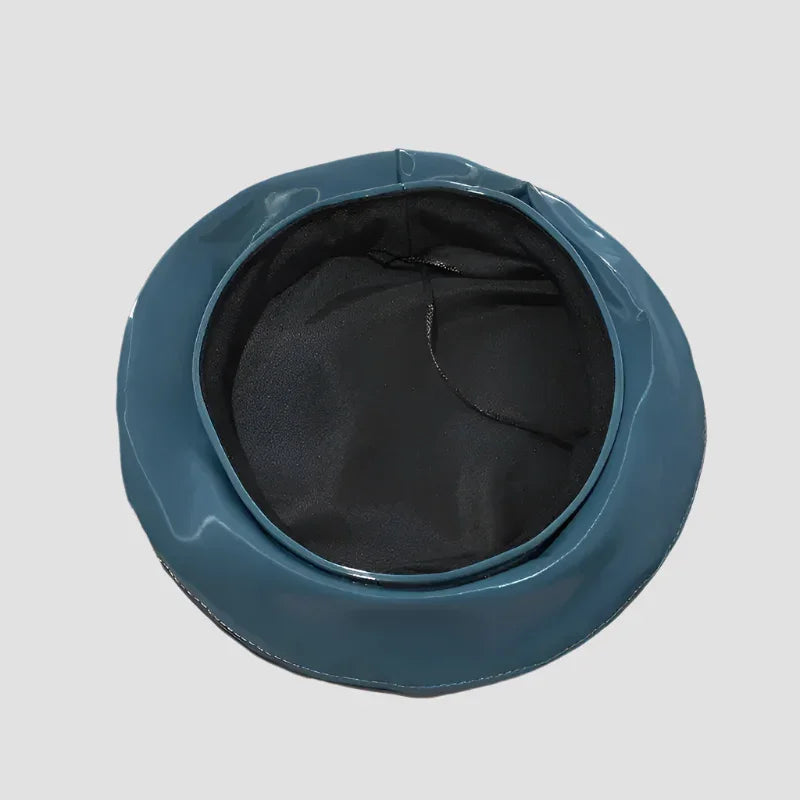 Blue vinyl bucket hat.