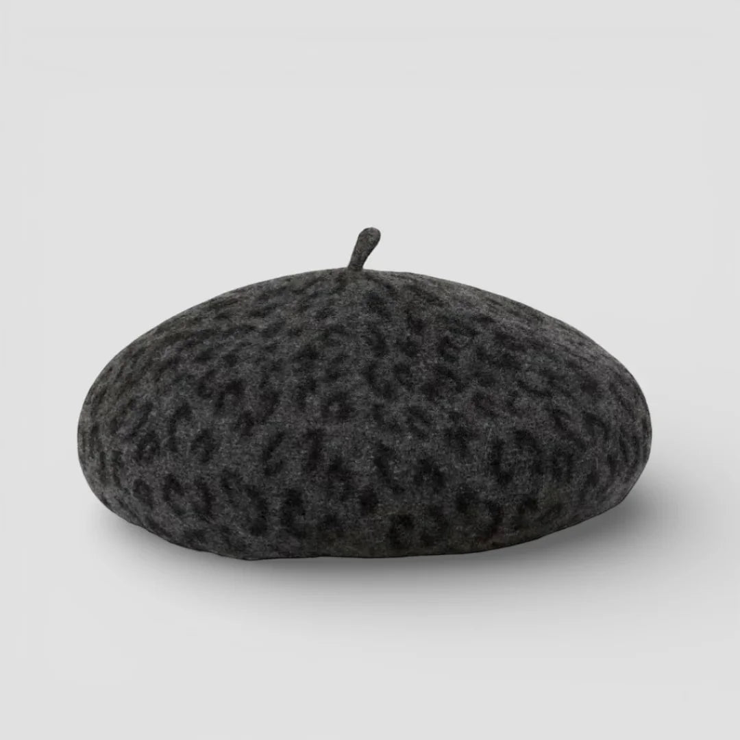 Leopard Beret: dark gray felt with subtle leopard print and fabric stem