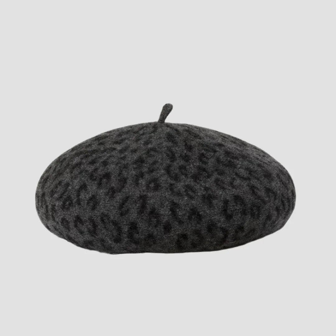 Gray leopard-print beret.