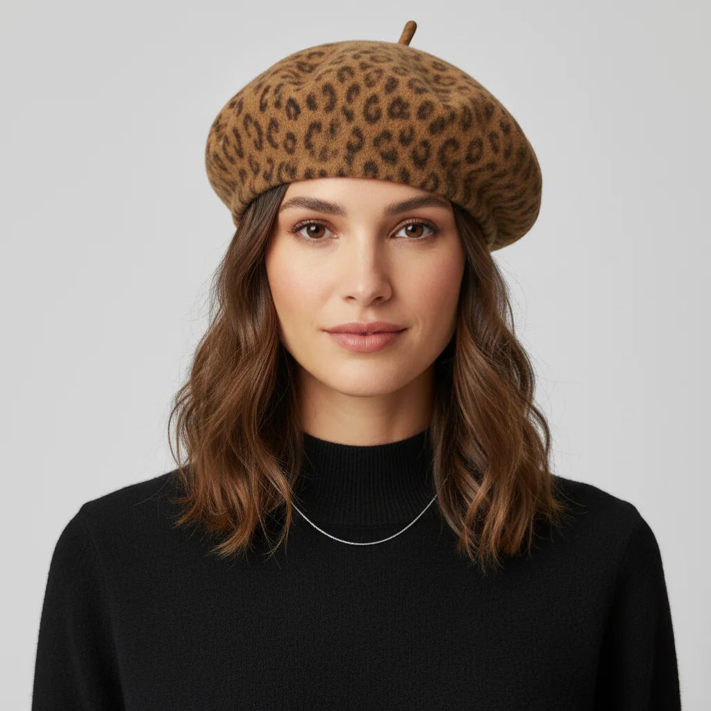 Tan leopard-print beret with brown button top for Leopard Beret product