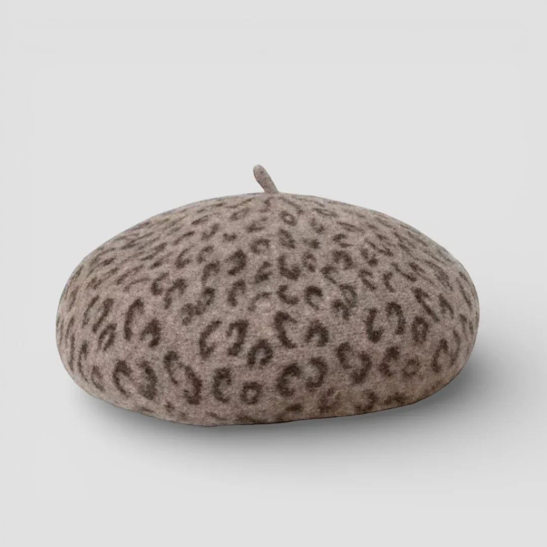 Taupe felt Leopard Beret with subtle leopard print and top button