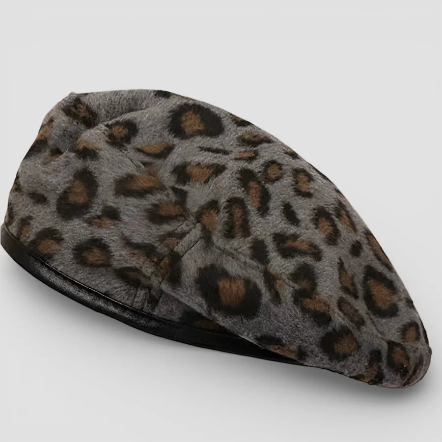 Leopard print beret hat in gray-brown with fuzzy texture, black leather trim