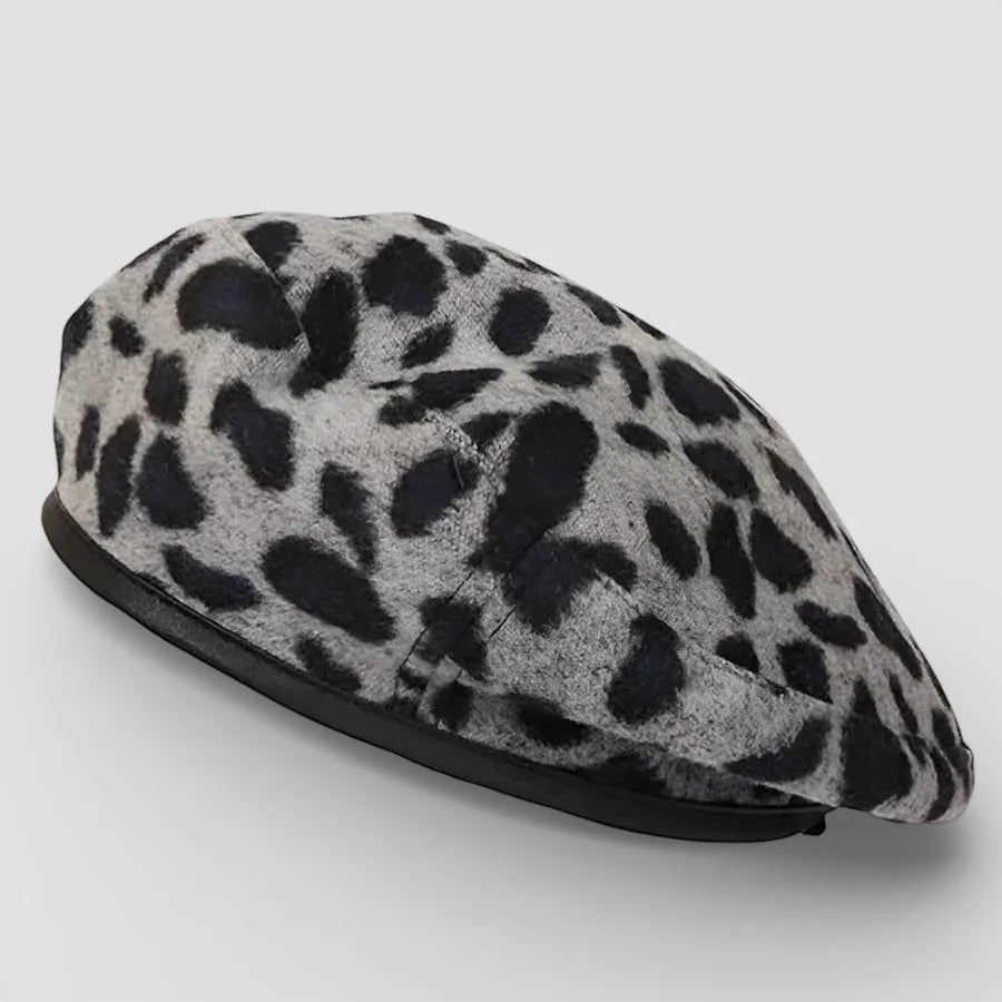 Stylish gray black leopard print beret hat sleek structured shape