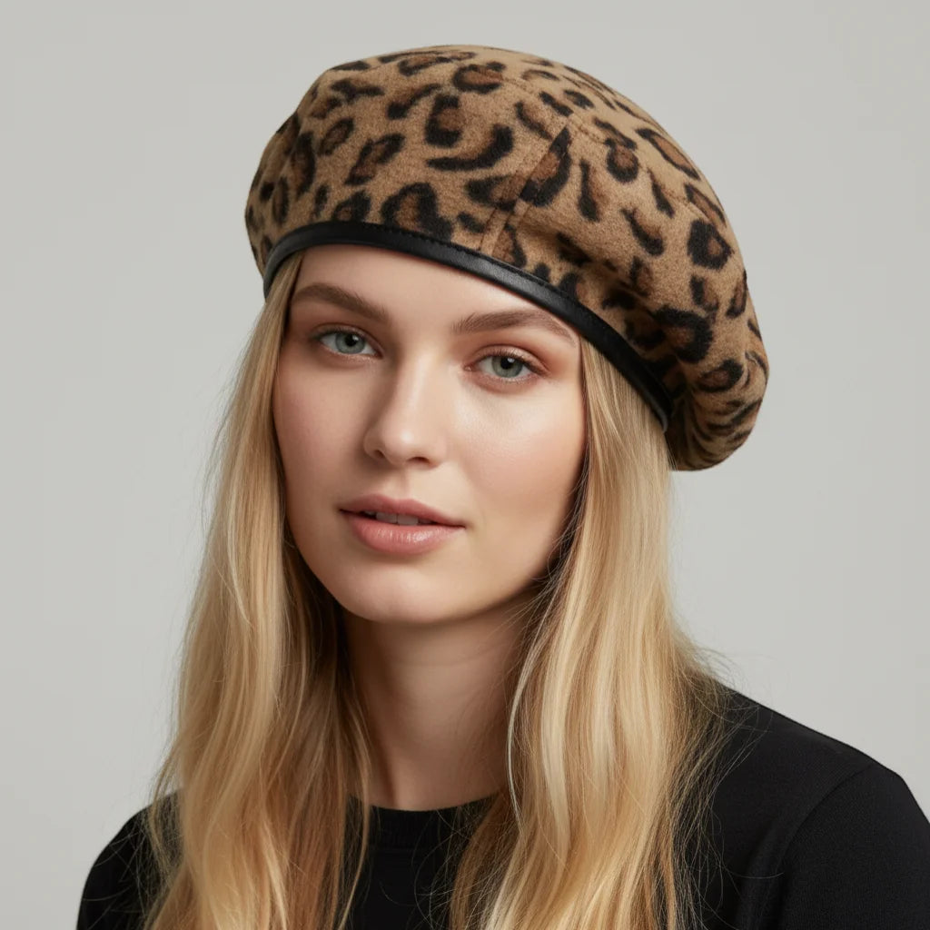 Tan black leopard print beret hat with sleek black leather band
