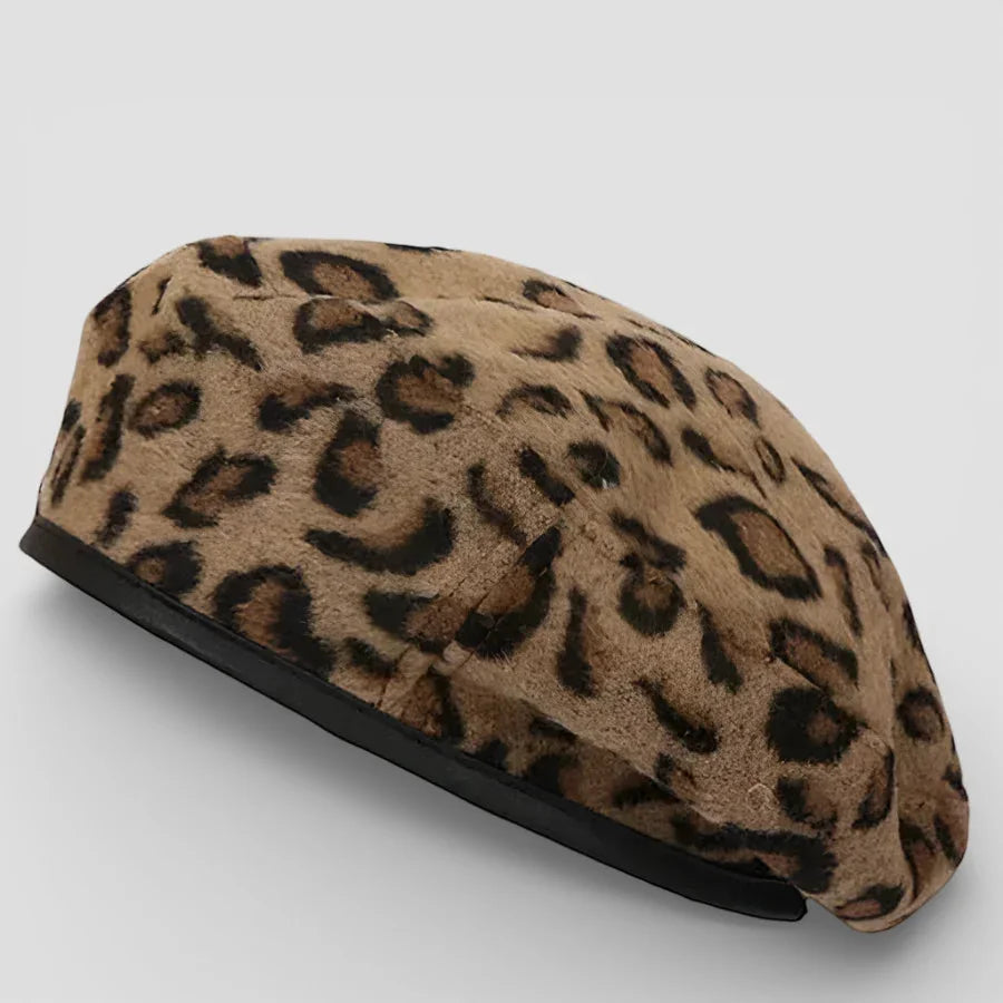 Tan and black leopard print beret hat with soft textured fabric