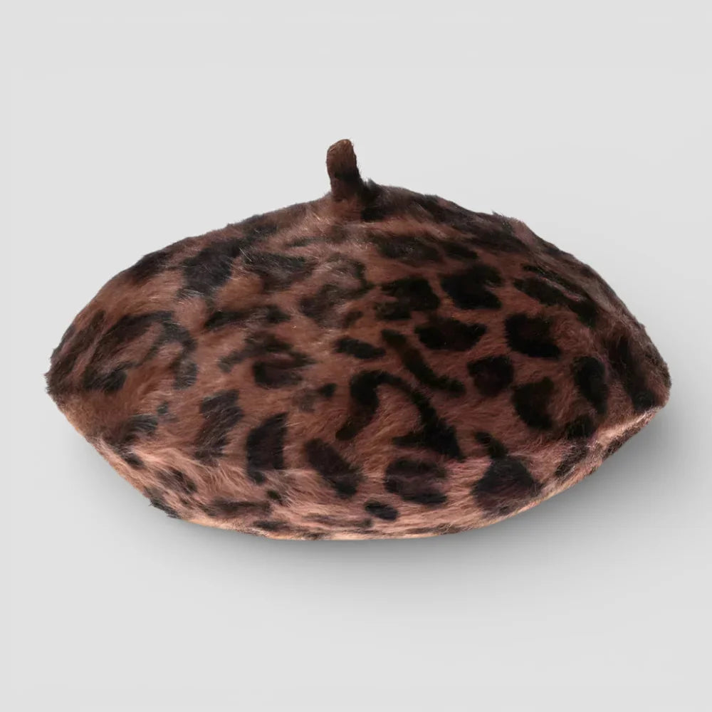 Leopard skin beret in brown and black print with fuzzy texture