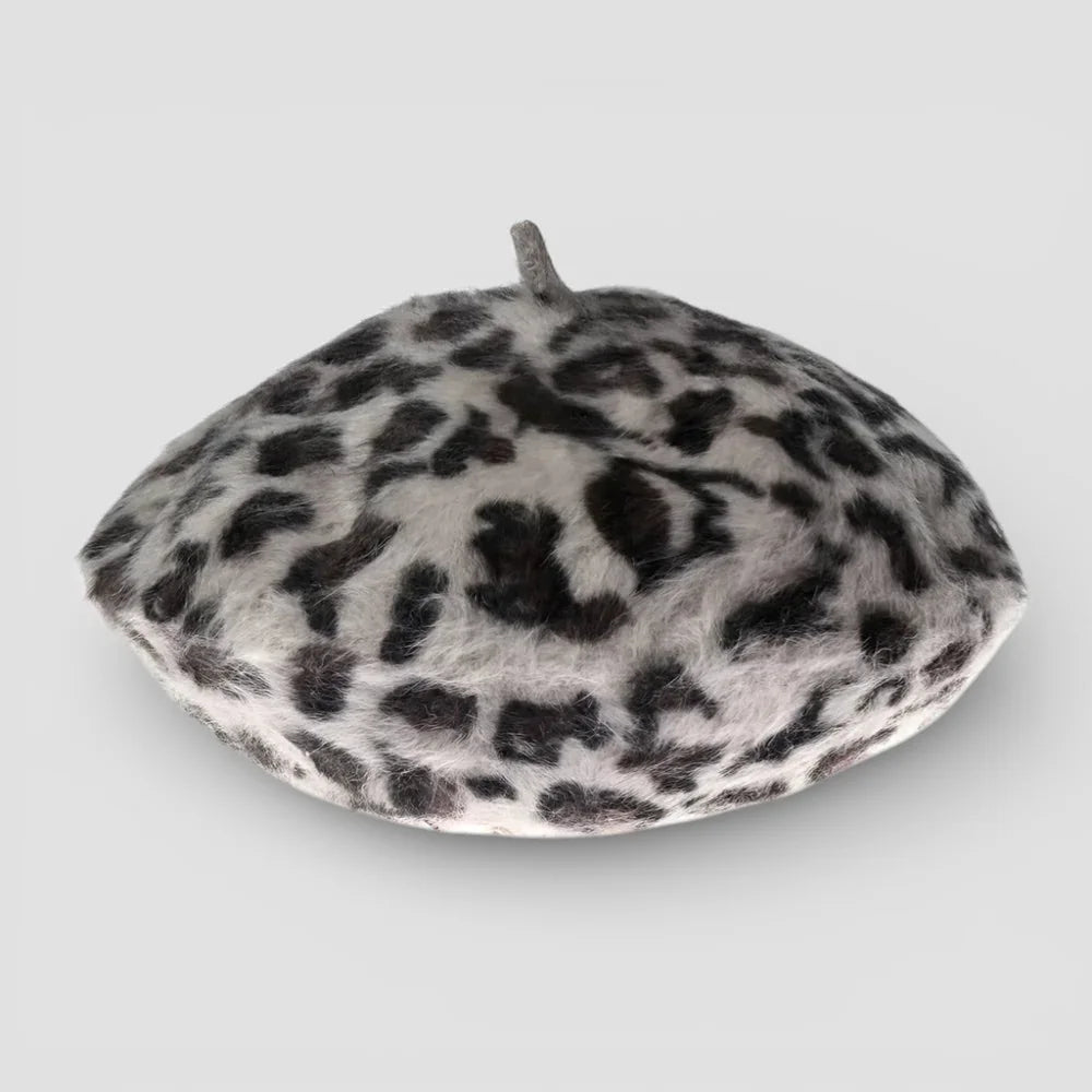 Leopard Skin Beret in black and white faux fur leopard print
