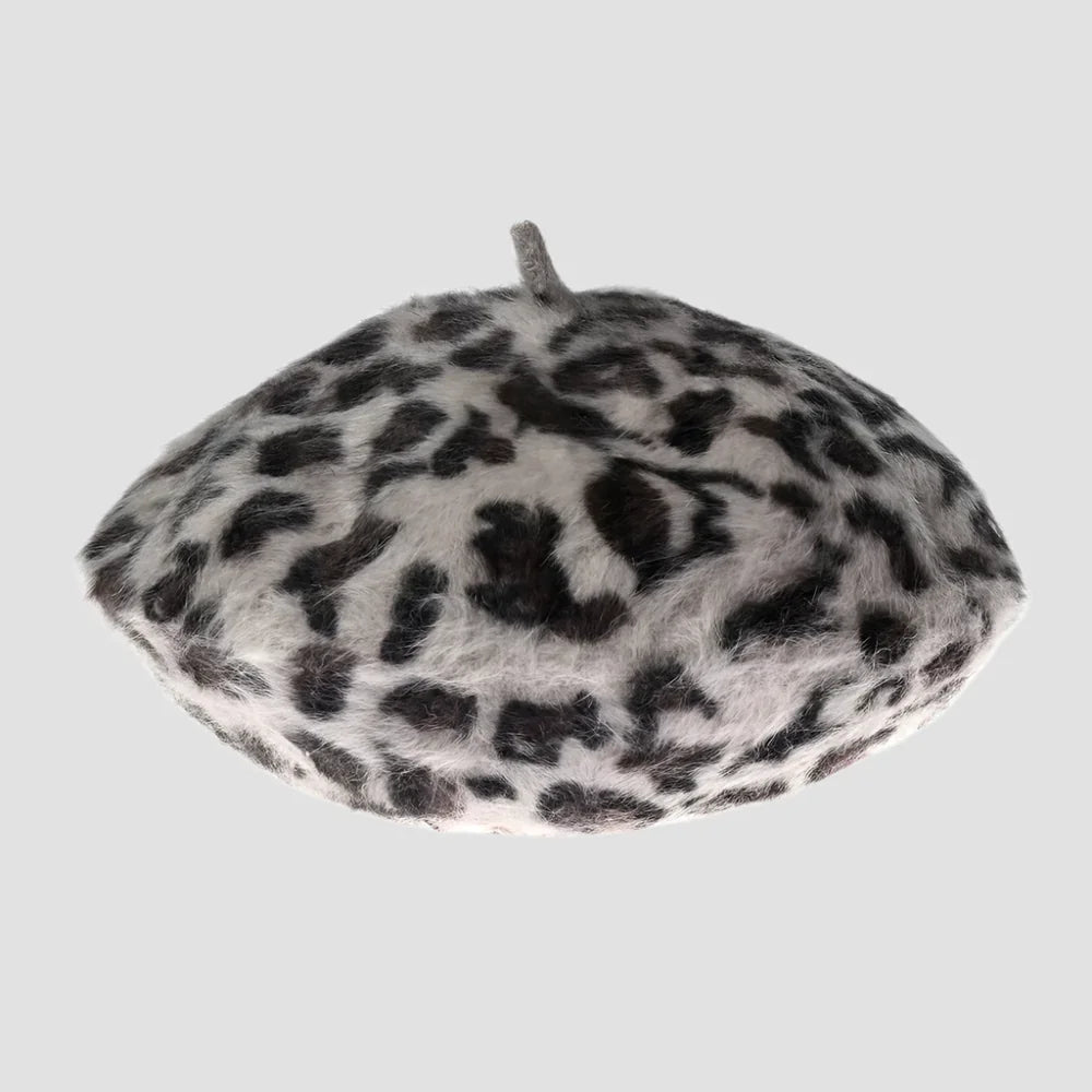 Fuzzy leopard-print beret.