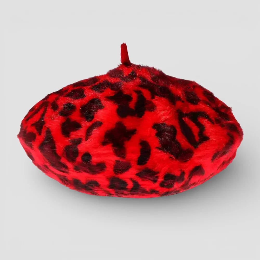 Leopard Skin Beret: plush red and black leopard-print fuzzy beret